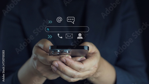 Hands using smartphones with chatting bar icons, connecting people on the internet