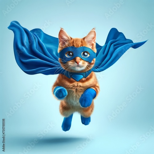 A realistic portrayal of a cute orange tabby cat dressed as a superhero, with a bright blue cloak and mask, dynamically jumping and flying © Shehran