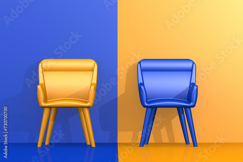 Yellow and blue color chair on different side photo