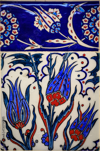 Canvas Print Ornate blue and red handmade Turkish Iznik mosaic tiles with floral Islamic patt