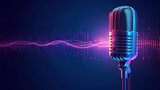 A vintage style microphone against a dark background, illuminated by a vibrant digital audio wave spectrum.