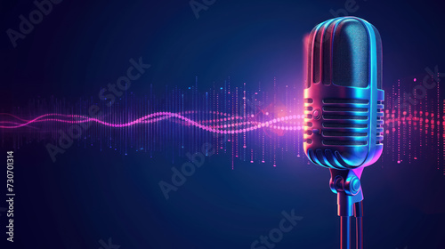 A vintage style microphone against a dark background, illuminated by a vibrant digital audio wave spectrum.