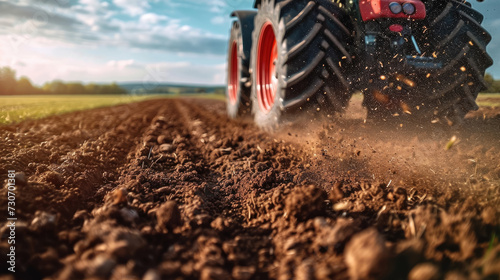 Close-up action shot of a tractor plowing a field, with soil particles flying in the warm light of the setting sun, depicting agricultural labor.. photo