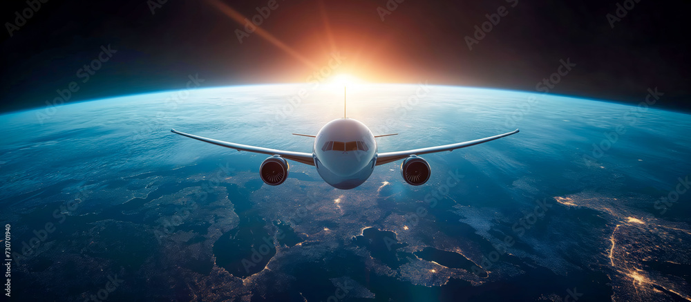 Fototapeta premium Airplane Soaring Over Earth with Sunrise Horizon