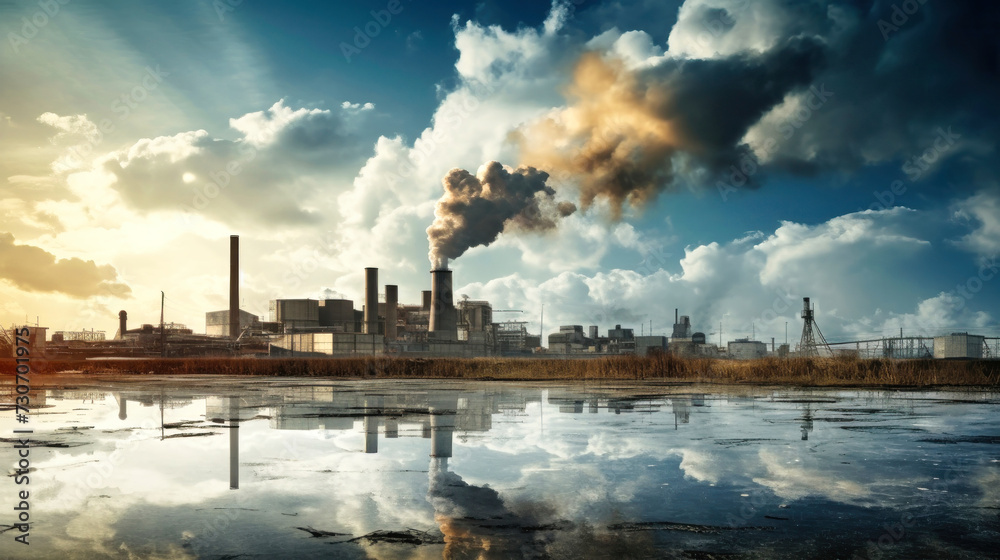 Fototapeta premium Illustration of the negative impact of a manufacturing factory in a large city. Environmental problems of air pollution. The effect of global warming. Outdoor industrial background.