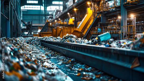Factory Overflowing With Trash Along a Conveyor Belt photo