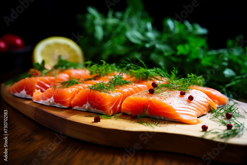 Fresh Salmon on Cutting Board With Herbs and Lemons