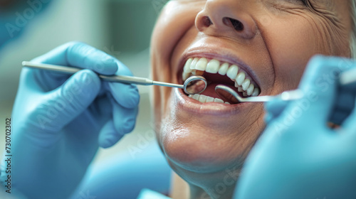 Woman Getting Teeth Brushed by Dentist photo