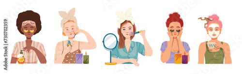 Self Care Treatment with Woman Character Engaged in Beauty Procedure Vector Set