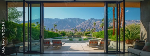 A patio open to a lush landscape in palm springs, in the style of flattened perspective, rectangular fields, dynamic outdoor shots, pixelated landscapes, mountainous vistas, brice marden. photo