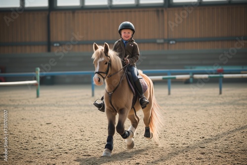 child on pony trotting straight towards camera, smiling, in an arena
