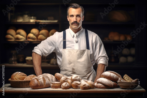 Man Standing in Front of Bread-Filled Table