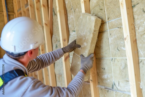 installer inserting slabs of ecofriendly hemp insulation into wall frame