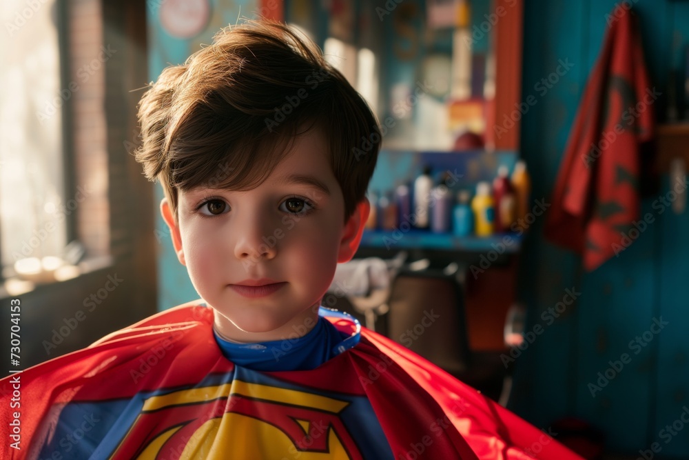 kid wearing a superhero cape for a haircut adventure kid wearing a superhero cape for a haircut adventure