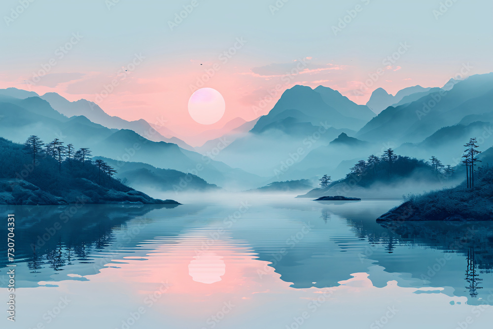 Serene landscape at dawn, soft pastel colors blending with the morning light, minimalist Japandi style