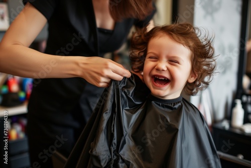 hairdresser fitting a cape on a giggling young child photo