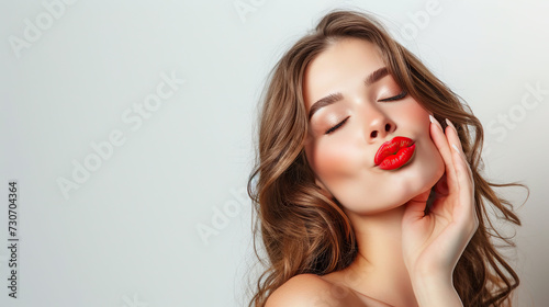 Portrait of beautiful young woman with red lips and long hair.