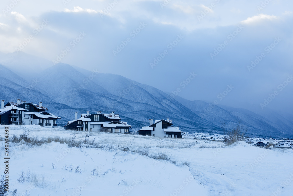 Bansko town in Pirin National Park after snowfall