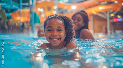 A black skinned little girl smiling having fun with her mother at an indoor Waterpark  photo