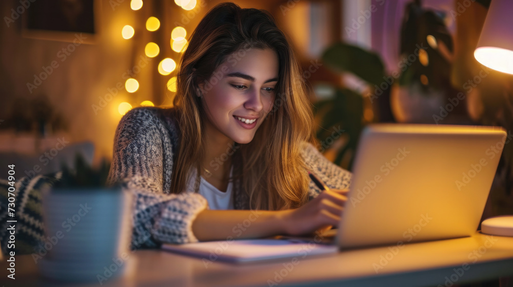 Smiling woman using laptop at home with cozy lighting. Home office and leisure. Smiling woman using laptop at home with cozy lighting. Home office and leisure.