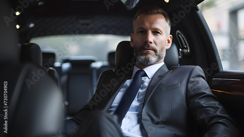 Man in a suit sitting inside the car and using a laptop © DA