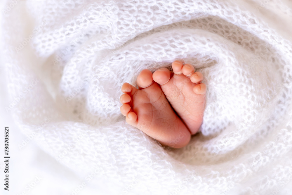 small legs of a newborn baby in a white fluffy soft blanket, heels and fingers of a baby in the form of a heart small legs of a newborn baby in a white fluffy soft blanket, heels and fingers of a baby in the form of a heart