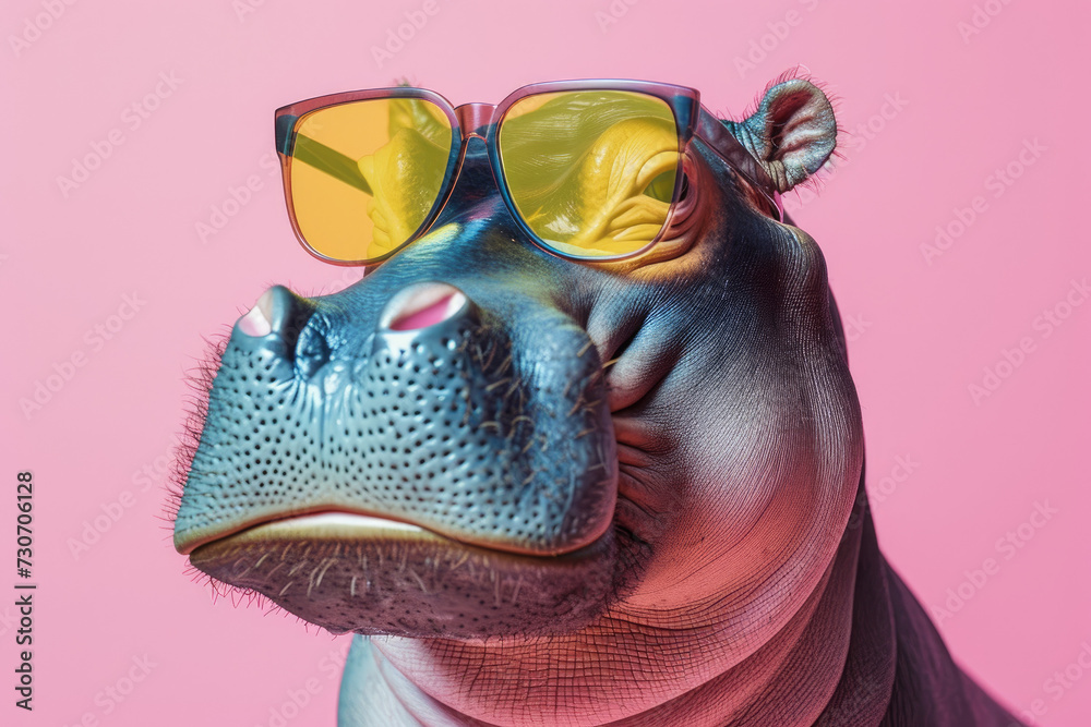 colorful hippopotamus with sunglasses isolated in pink background