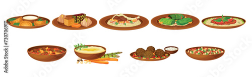 Egyptian Dish and Food Served on Plate Vector Set