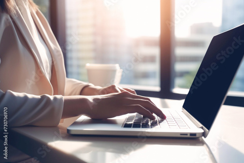 Blurred image of businesswoman working on laptop while sitting at the table in office