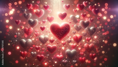 love and Valentine s Day festive background. Fantasy scene of glowing hearts floating with radiant light sparks and bokeh  creating an atmosphere of love  celebration  and Valentine s Day romance.