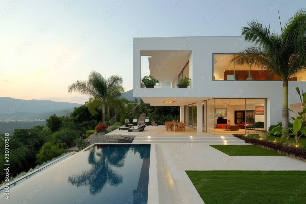 Exterior modern white villa with pool and garden, mountain view at sunset