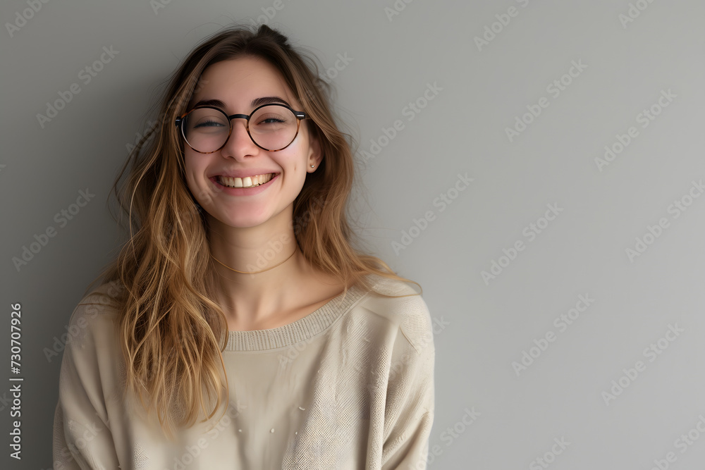  looking happy smiling female with dark blond hair and nerdy glasses standing in front of neutral grey background
