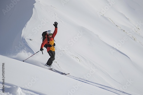 skier waving to camera during a casual descent