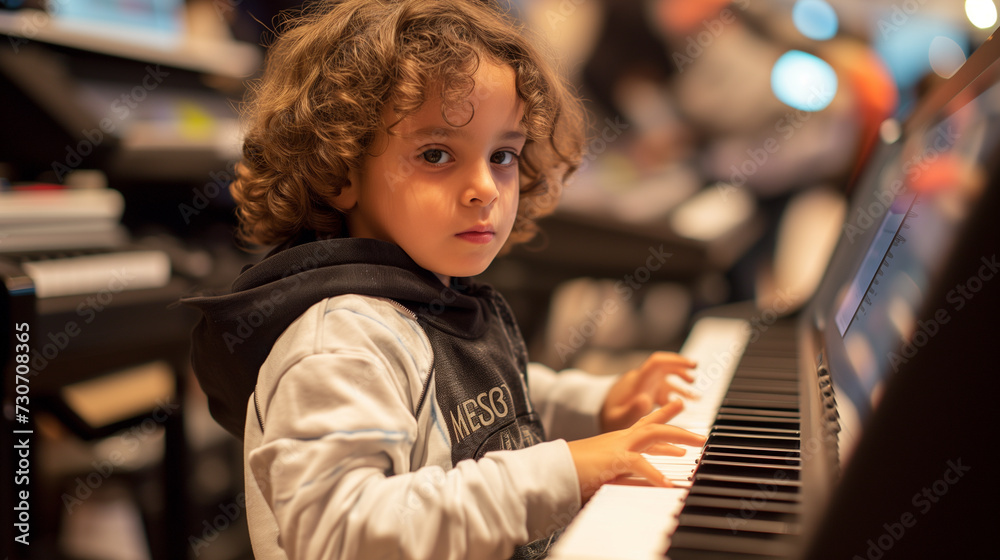 Young boy learning to play piano at home. Future musicians.
