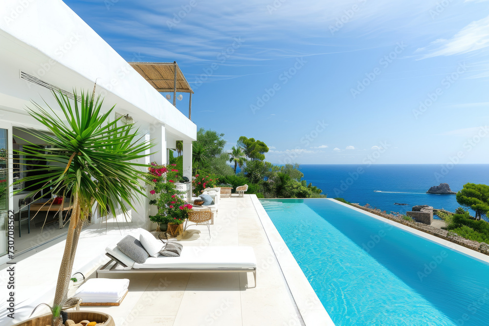 Exterior modern white villa with pool and garden, sea view