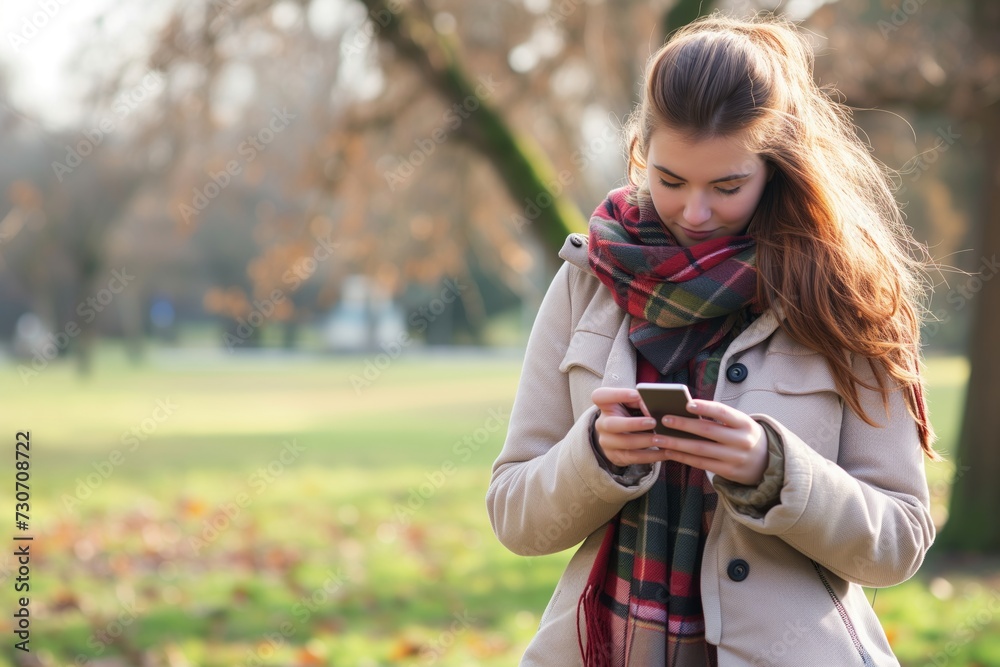 female in light jacket, scarf, texting on smartphone, park