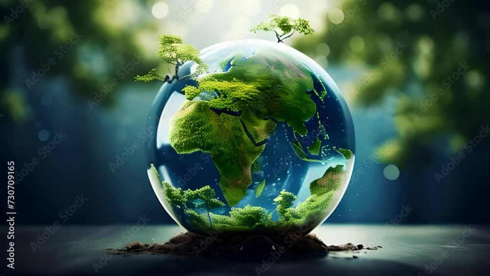 A lone green tree encapsulated within a clear glass orb, placed on a mossy surface A lone green tree encapsulated within a clear glass orb, placed on a mossy surface
