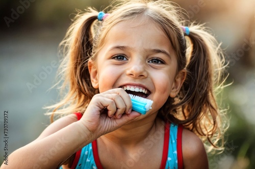 Happy child kid girl brushing teeth. Health care, dental hygiene, people and beauty concept.