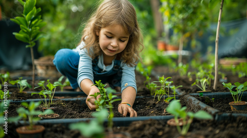 Young girl gardener, planting fresh vegetables in her backyard.