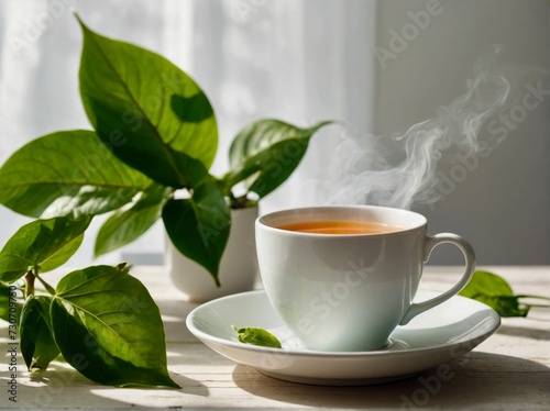 Hot tea in white cup on window will. Breakfast time. Healthy eating and food concept. 