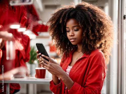 African American Girl wearing in red wear using smartphone pressing finger, reading social media internet, typing text or shopping online Mobile phone in two black hands 