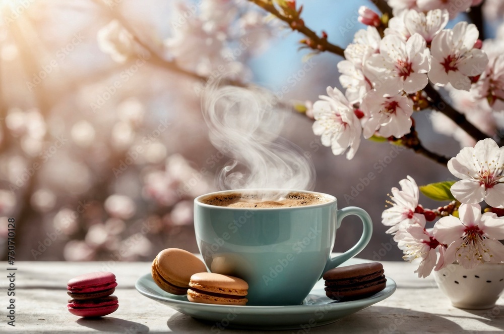 Cup of coffee and macarons resting on wooden table. Perfect for coffee shop menus or lifestyle blogs. Cup of coffee and macarons resting on wooden table. Perfect for coffee shop menus or lifestyle blogs.