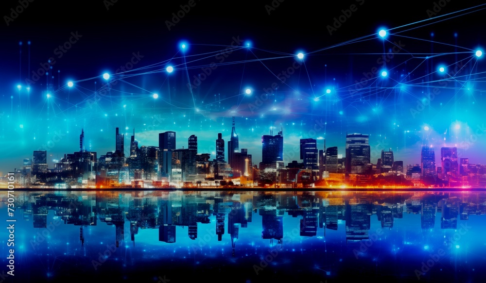 A modern city at night emphasizes wireless network connection and connectivity technology within the urban landscape.