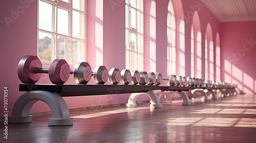A row of dumbbells in a gym with pink walls