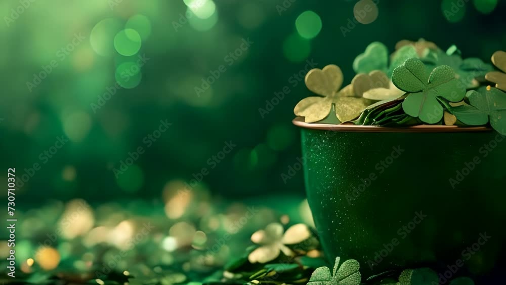 A pot filled with lush green clovers in an outdoor clover field setting