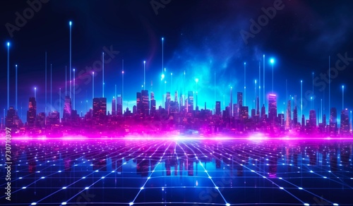 A smart city with abstract dots connected by gradient lines, showcasing the beauty and complexity of big data connection technology. photo
