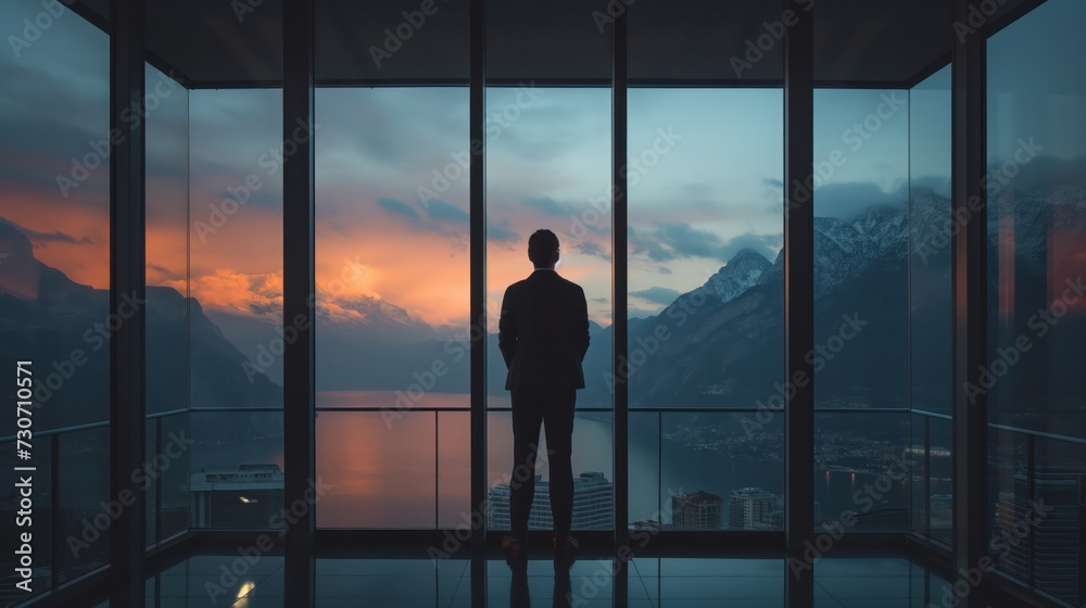 Businessman looking on window in contemporary office with city and mountains view. Generative AI
