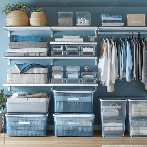 Neatly organized storage solutions, with shelves, bins and clothes hanging. 