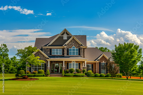 Gorgeous American dream house at sunny summer day with lawn and greenery around. Neural network generated image. Not based on any actual person or scene. © lucky pics