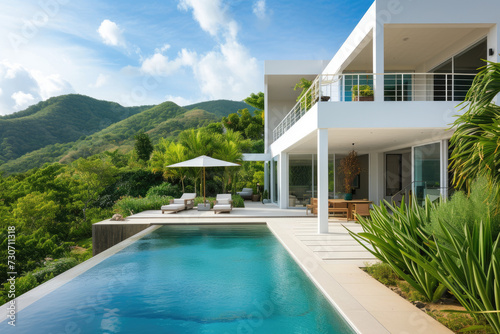 Exterior modern white villa with pool and garden  mountain view